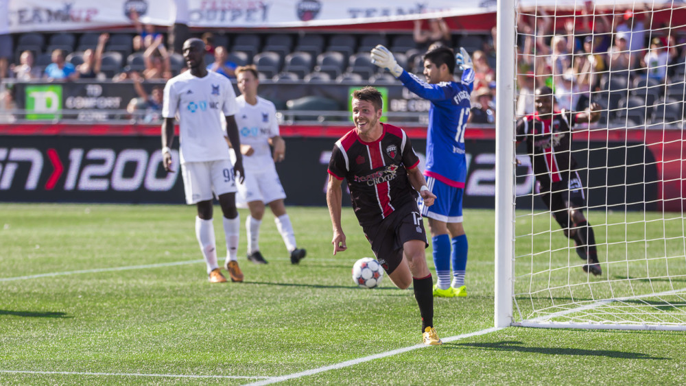 Carl Haworth celebrates after scoring. (Photo: Richard A. Whittaker/Indy Eleven)