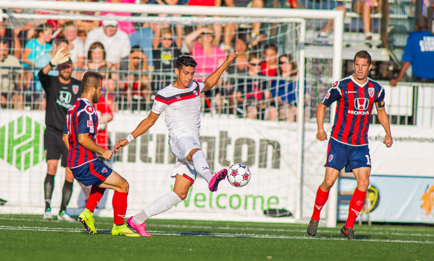 Atlanta's Jaime Chavez brings down the ball leading up to his assist on Pedro's goal. (Photo: Trevor Ruszkowski/Indy Eleven)