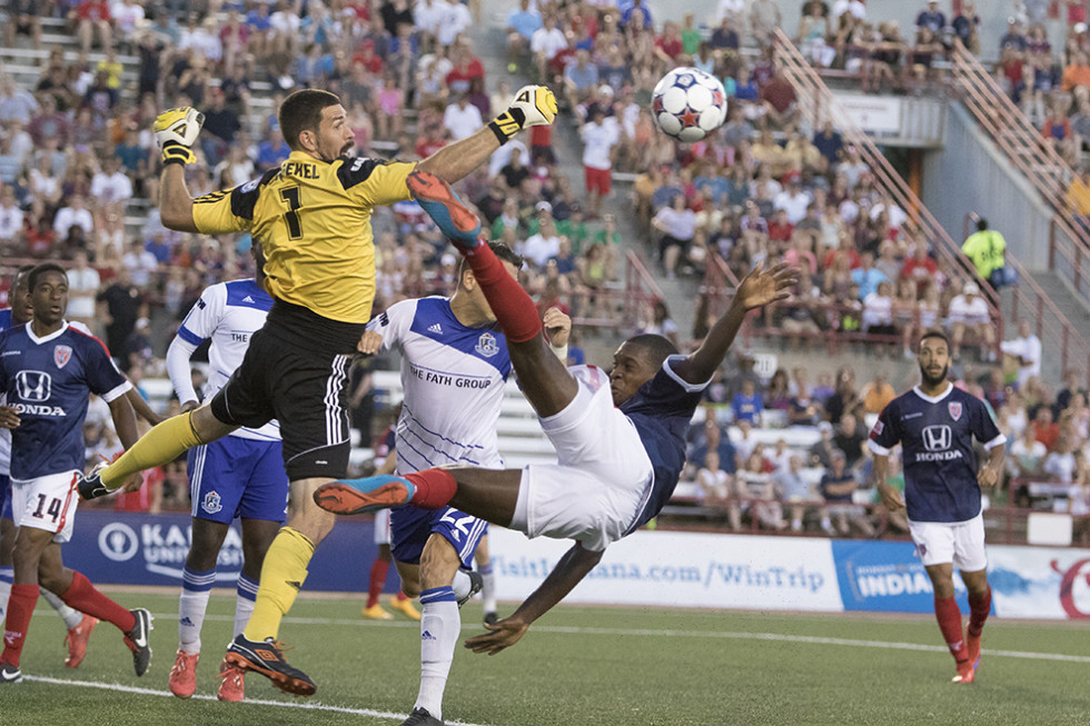 Eddies keeper Matt Van Oekel parries a shot during the June 13th game between Indy Eleven and FC Edmonton. (Photo: Indy Eleven)