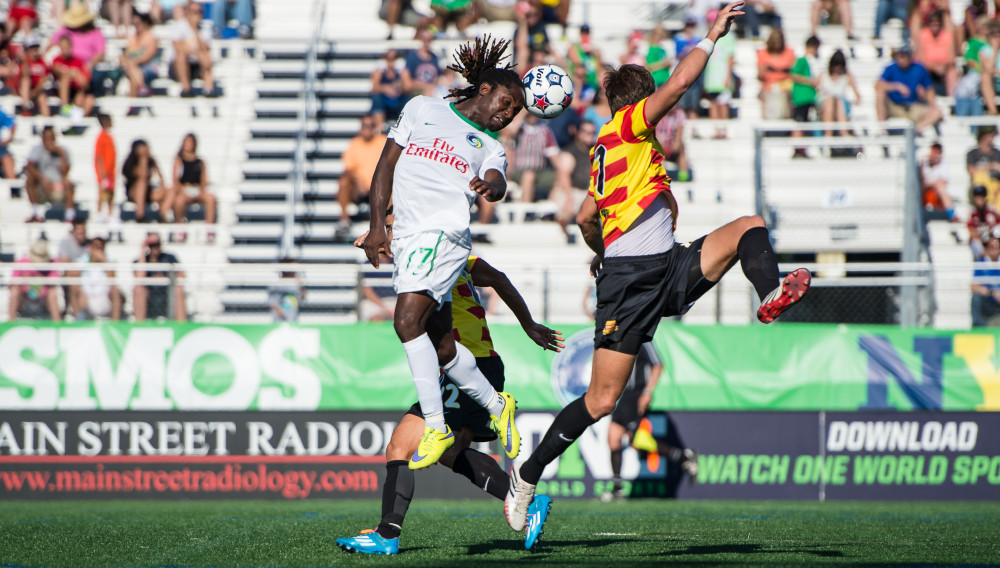Lucky Mkosana Heads a Ball on Past the Strikers Defense (Photo Credit: New York Cosmos)
