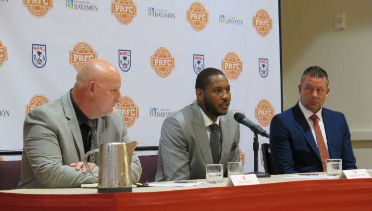 Puerto Rico FC owner Carmelo Anthony flanked by Neil Sillett and Adrian Whitbread. (Photo: NASL)