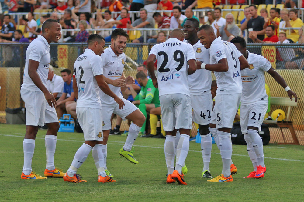 The Strikers dance to celebrate Stefano Pinho's opening goal. (Photo: Fort Lauderdale Strikers)