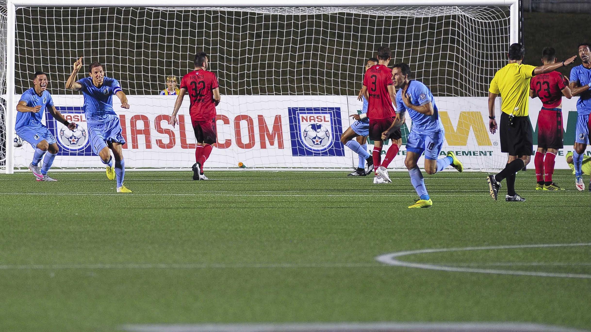 Daniel Mendes celebrates his game winning free kick. (Photo: Ottawa Fury FC)