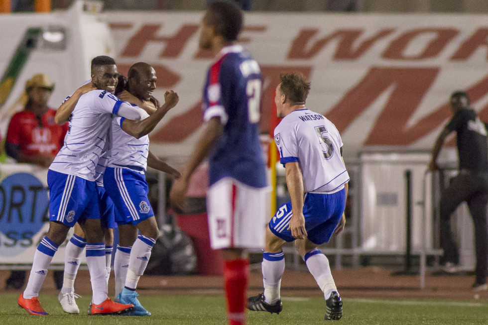 Sainey Nyassi celebrates Edmonton's second of the night. (Photo: Indy Eleven)