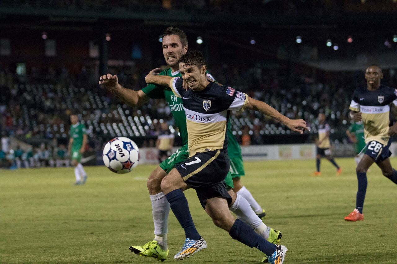 Hunter Freeman (NYC) and Lucas Rodriguez (JAX) contest a ball. (Photo: New York Cosmos)