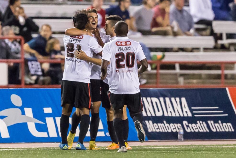 Forward Giuseppe Gentile mobbed by teammates after scoring his first San Antonio Scorpions goal (Photo: Matt Schlotzhauer)